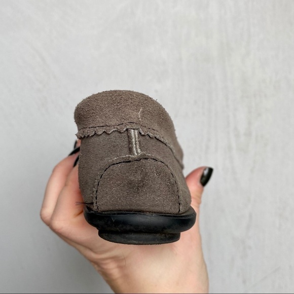 Minnetonka Gray Suede Moccasins | Beaded Slip-On Flats with Bow - Picture 6 of 8